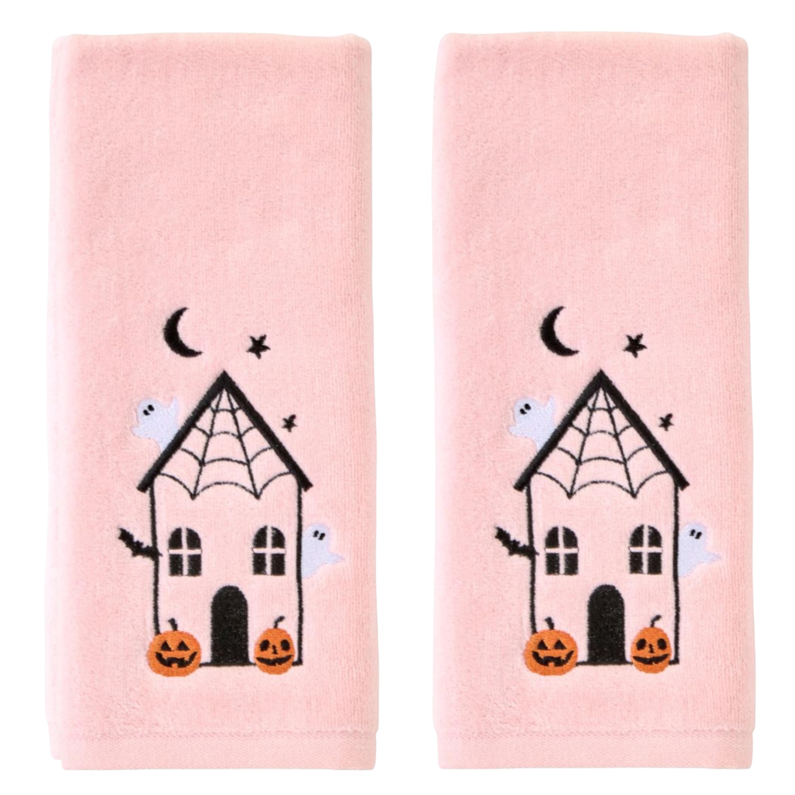 SKL Home Halloween Haunted House 100% Cotton Embroidered 2pc Hand Towel Set, Decorative for Bath/Kitchen/Bar & Gift, Pink Image