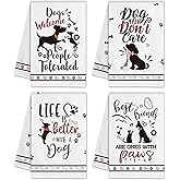 Hexagram Dog Dish Towels and Dish Cloths Dog Mom Gifts for Women Lovers, Funny Kitchen Hand Towels Sets of 4, Dogs Welcome People Tolerated Sayings Tea Towel Housewarming Decor for New Home Bathroom