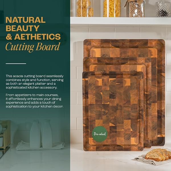 YES4ALL DURABLE ACACIA CUTTING BOARDS FOR KITCHEN, [20”LX15”WX1.5” THICK] LARGE END GRAIN CUTTING BOARD, PRE OILED WOOD CUTTING BOARDS, THICK CHOPPING BOARD W/JUICE GROOVES AND EASY GRIP HANDLE