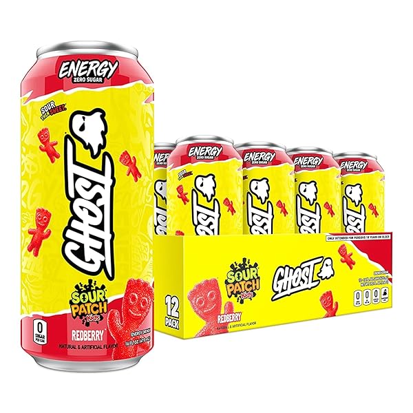GHOST ENERGY DRINK – 12-PACK, SOUR PATCH KIDS REDBERRY, 16OZ – ENERGY & FOCUS & NO ARTIFICIAL COLORS – 200MG OF NATURAL CAFFEINE, L-CARNITINE & TAURINE – GLUTEN-FREE & VEGAN