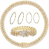 Cuban Link Chain Jewelry Sets for Women Rhinestone Hoop Earrings Necklace Bracelet Set Bling Rhinestone Hip Hop Jewelry for Women Girls