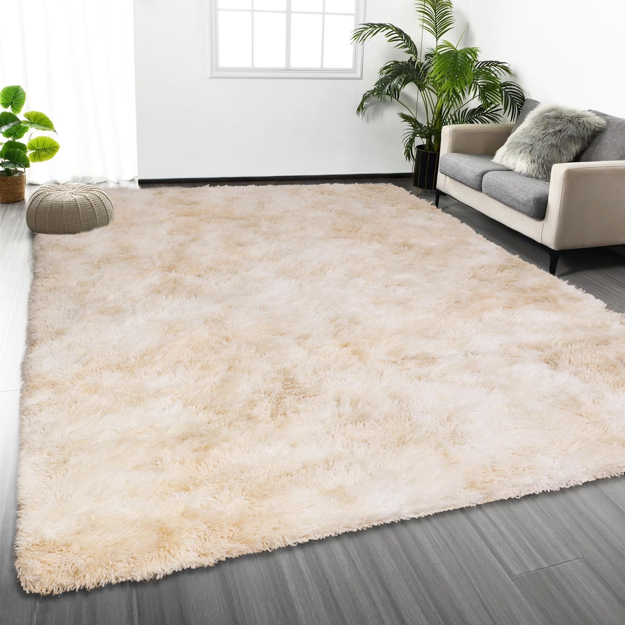 Oxford Homeware Rugs Living Room – Tie-Dye Cream Area Rugs for Bedroom, Hallway Runner 80x150 cm Anti Slip – Modern Super Soft Plush Carpets Fluffy Shaggy Rug for Lounge – Non Shedding Bedside Rug