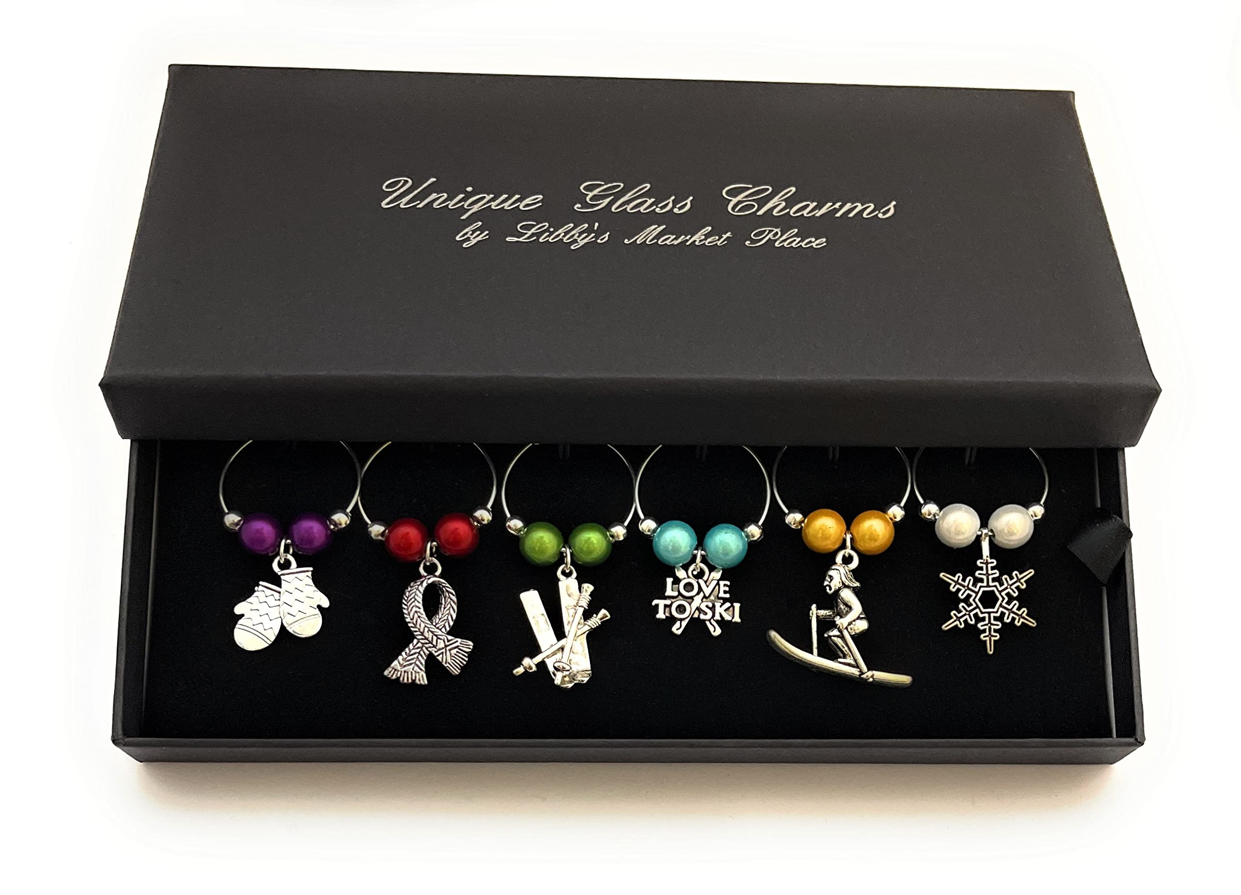 Libby's Market Place I Love To Ski, Ski Lovers Wine Glass Charms with Gift Box