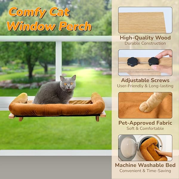 [READY TO GIFT] PURRHOUSE 45LBS CAT WINDOW PERCH WITH BOLSTER, HAMMOCK SEAT WITH PLYWOOD & METAL FRAME, CAT BED FOR WINDOWSILL, BEDSIDE AND CABINET (NATURAL WOOD & BROWN CUSHION, 24.8”W X 9.4”H)
