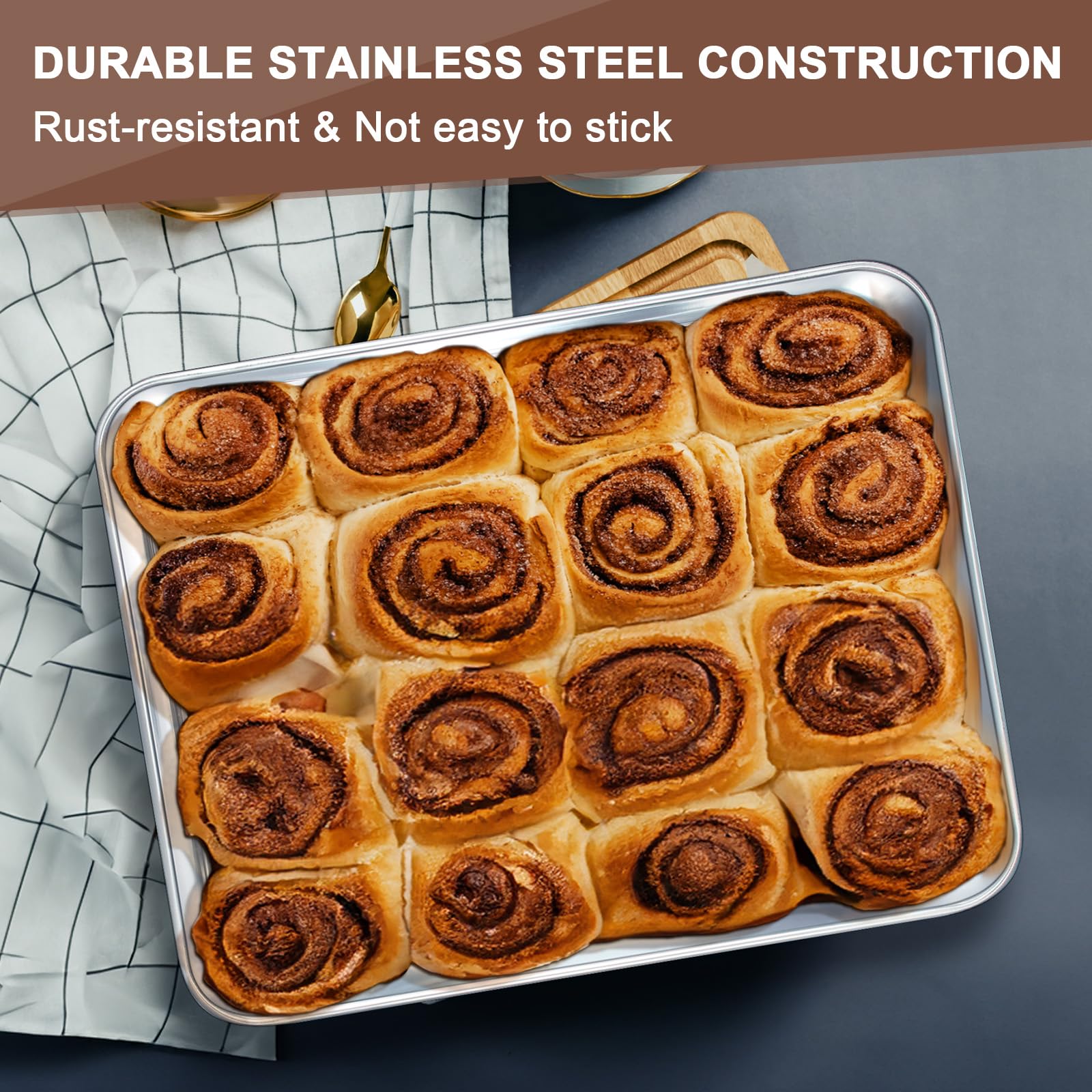 Baking Pans Set of 3, Commercial Grade Stainless Steel Cookie Pan for Baking, 12/10/9 Inch, Rectangle Bakeware Set for Cakes Breads Lasagna Casseroles, Rust & Warp Resistant & Nonstick, Heavy Duty