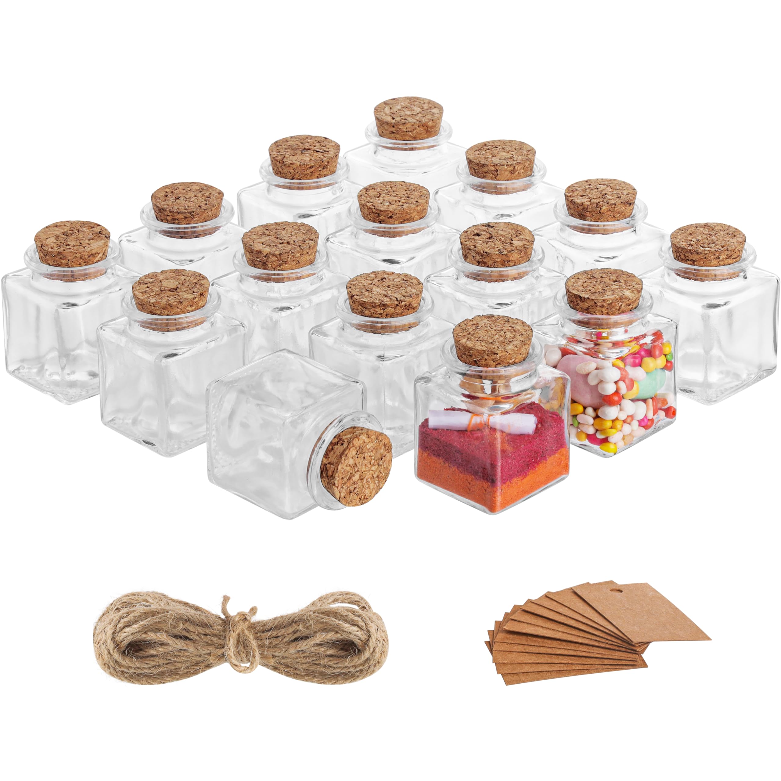 BELLE VOUS Small Glass Jars with Lids - 50ml Mini Bottles for Wedding Favours - Small Glass Bottles with Cork Stoppers, Label Tags & Twine - Mini Jars for Storage
