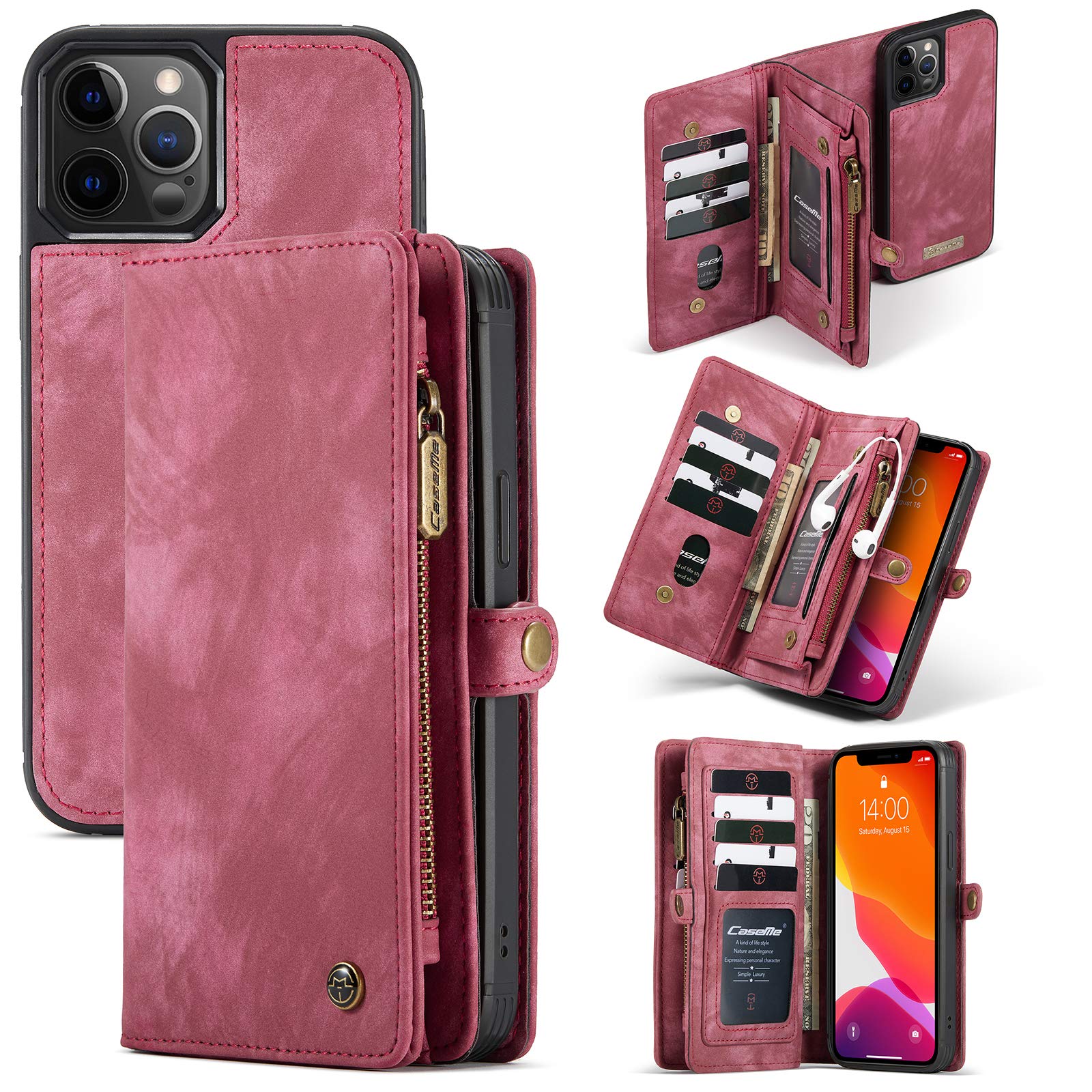 ANROD Detachable Leather Wallet Case for iPhone 12 Pro,CaseMe Magnetic Closure 2-in-1 Flip TPU Shockproof Zipper Purse Back Cover with Card Slots (Red)
