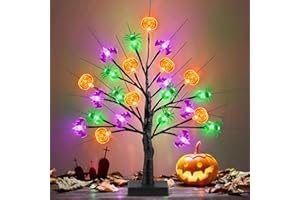MOSOAN [Timer] Halloween Decor 18 Inch Black Halloween Tree with 24 LED Pumpkin Bat Spider Light, USB/Battery Operated Lighted Birch Tree Spooky Halloween Table Decorations Indoor Outdoor for Home Room Party