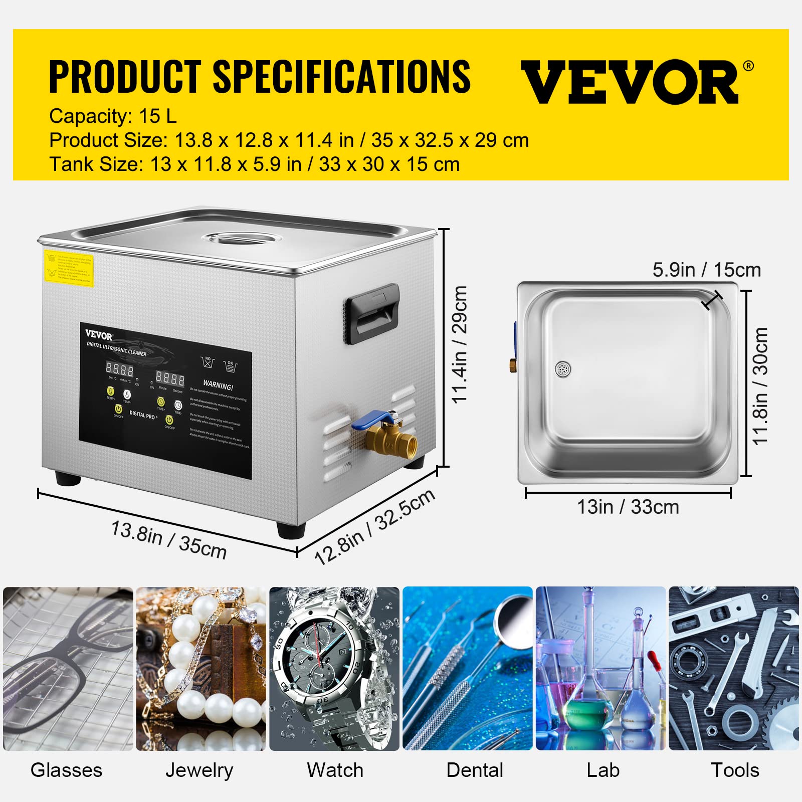 VEVOR 15 L Ultraschallreiniger (600 W Heizung, 360 W Ultraschall) Professioneller digitaler Labor-Ultraschall-Teilereiniger mit Heizungstimer für die Reinigung von Glaszahninstrumenten 7
