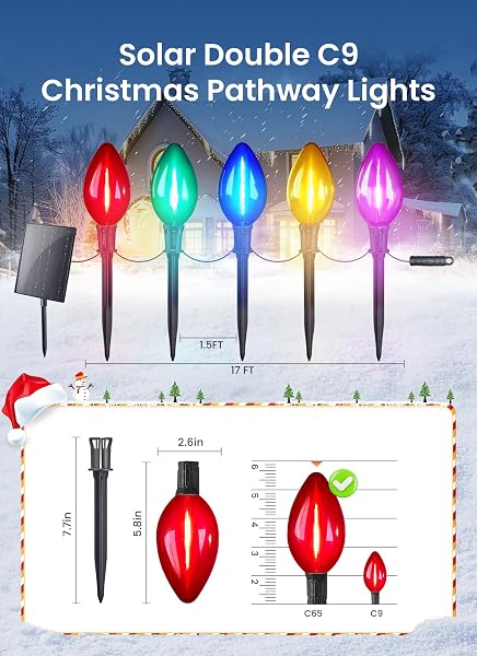 MINETOM SOLAR DOUBLE C9 CHRISTMAS PATHWAY LIGHTS OUTDOOR -16FT 10 LED C9 CHRISTMAS PATHWAY LIGHTS WITH TIMER,8 MODES, SOLAR CHRISTMA OUTDOOR DECORATIONS FOR LAWN WALKWAY OUTSIDE HOLIDAY, MULTICOLOR
