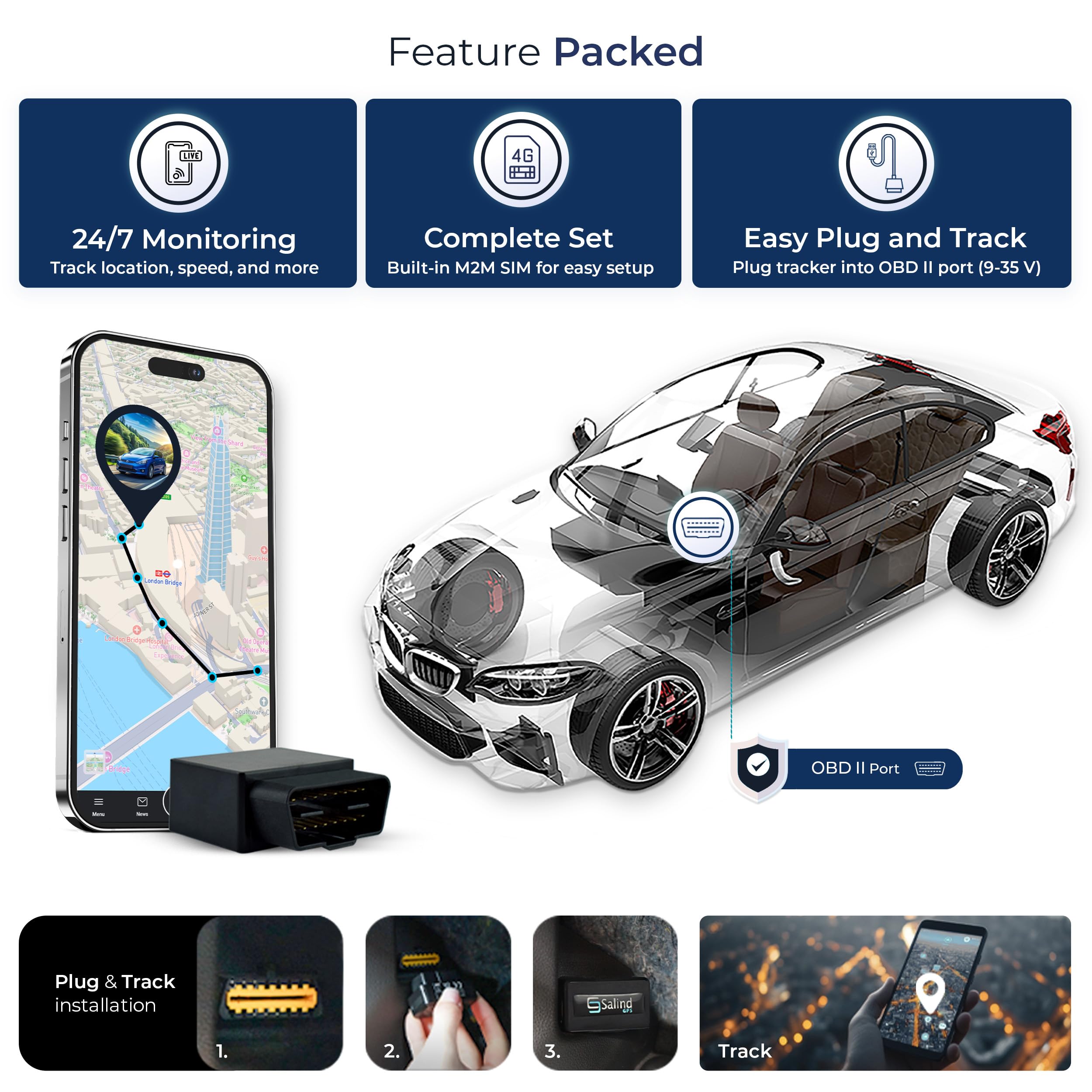 Salind GPS 4G LTE OBD 9-35V Fleet and Vehicle Tracker – Hidden Car, Truck, Trailer Locator with Real-Time Monitoring, Route History, Mileage, GeoFence, Compact Splash Proof Design, Fixed Connection