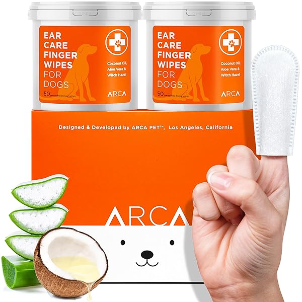 ARCA PET DOG EAR CLEANER WIPES – VET FORMULATED CLEANSER FOR DOGS – EAR ITCHING, DISSOLVES WAX, DIRT & ODOR WITH COCONUT OIL & ALOE VERA (100 FINGER WIPES)