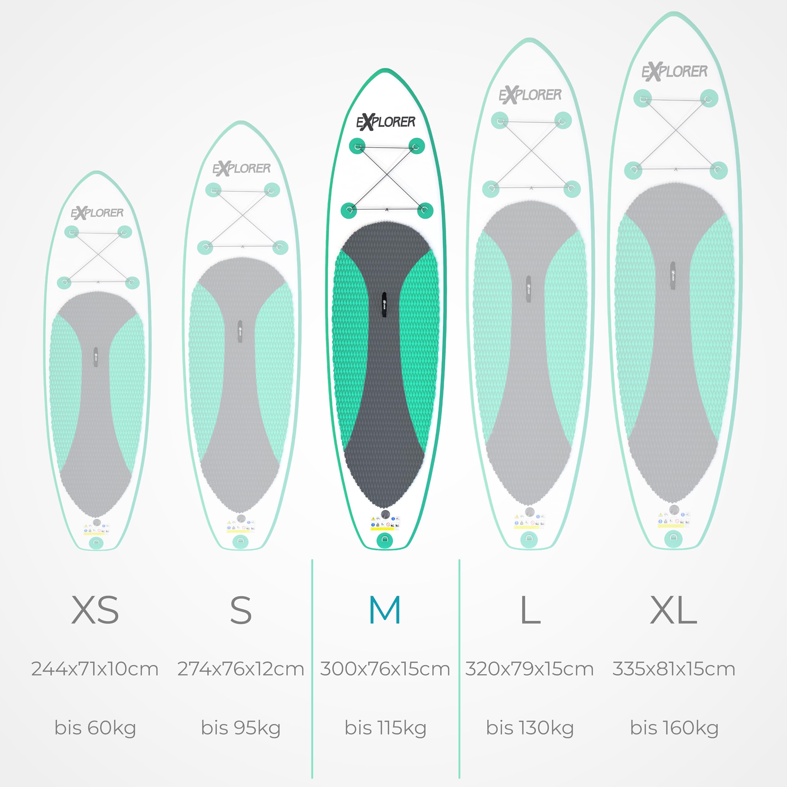 EXPLORER Stand Up Paddling Board Mint 300x76x15cm 115kg Komplettset mit Alu-Paddel, Rucksack, Pumpe, Finne und Flickenset 2