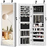 SDHYL Full-Length Jewelry Cabinet Mirror, Wooden Lockable Standing Chest Armoire Wardrobe Organizer with 6 LED Light Inside, 