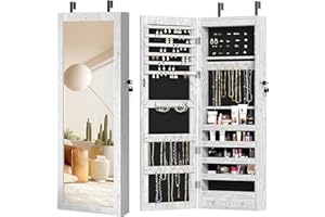 SDHYL Full-Length Jewelry Cabinet Mirror, Wooden Lockable Standing Chest Armoire Wardrobe Organizer with 6 LED Light Inside, 