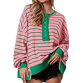 PRETTYGARDEN Womens Fall 2026 Striped Oversized Sweatshirt Long Sleeve Button Up Henley Neck Waffle Knit Pullover Tunic Tops