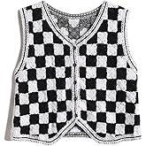 RYSTELICA Women's Crop Crochet Vest Top Summer Button V Neck Embroidered Knit Sleeveless Sweater Vest