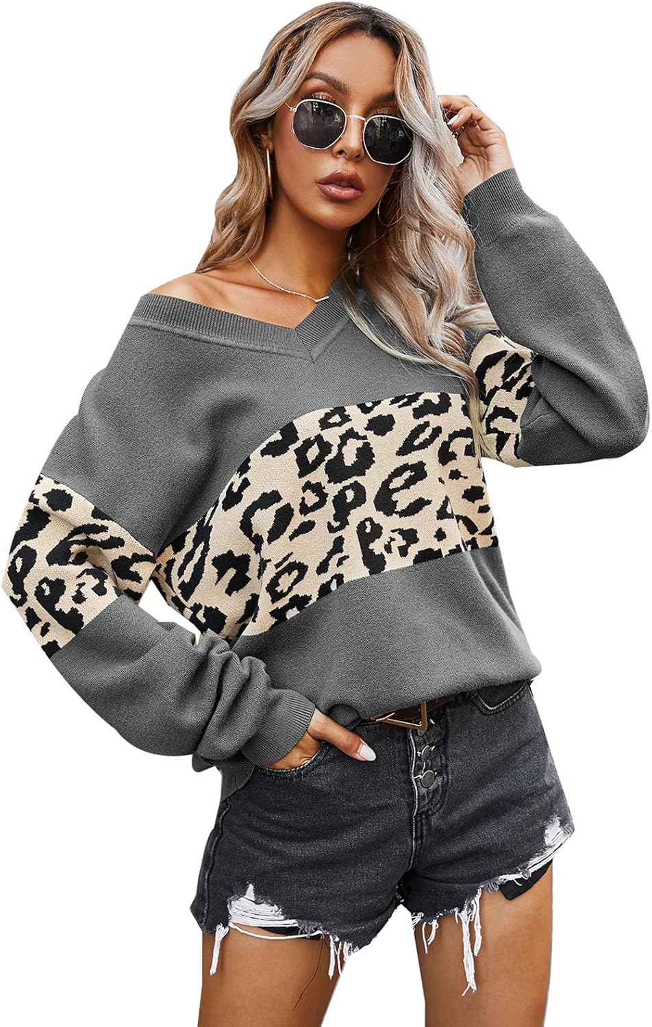 MEIGUI Einfache V-Ausschnitt-Farbblockierung Leopard-Druckpullover