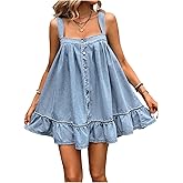 SHENHE Women's Ruffle Hem Denim Mini Dress Sleeveless Button Up Flowy Jean Tank Dresses