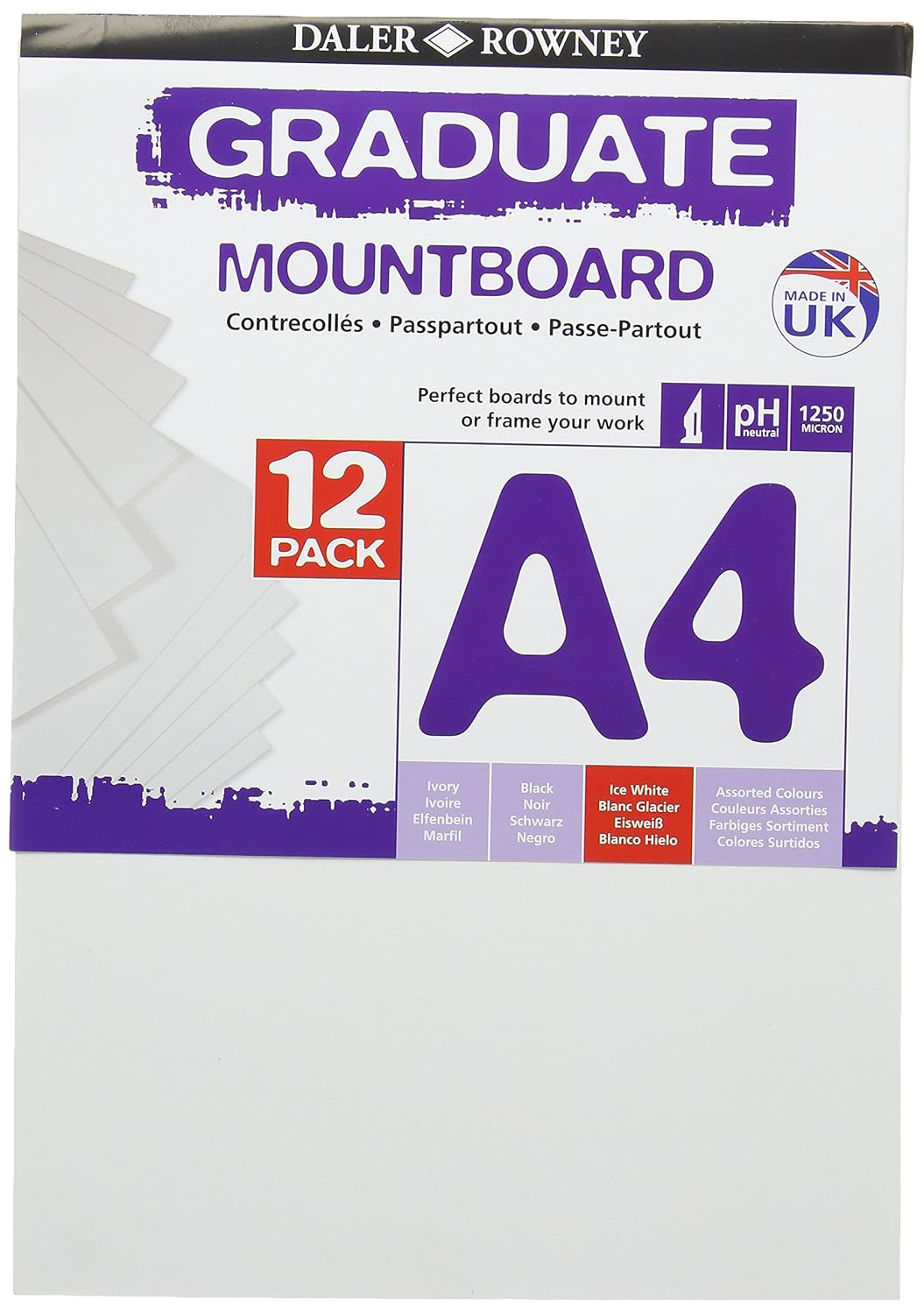 Daler-Rowney Graduate A4 Thick Cream Core Mountboard with Smooth Surface Pack, 12 Ice White Boards