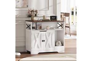 ZYKZYK Cat Litter Box Enclosure Tall Hidden Litter Box Furniture Cat House Wooden Cat Washroom Cabinet 2-in-1 Farmhouse Design for Living Room,Hallway,White Walnut