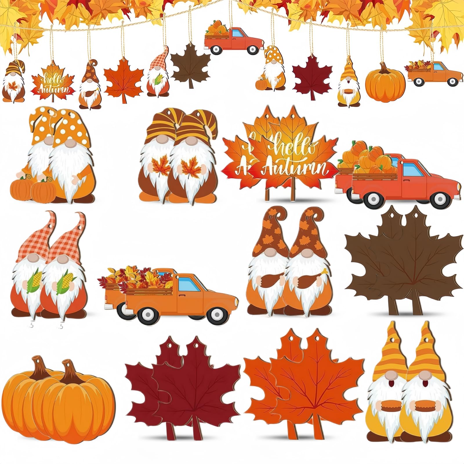 Renyigou 24 Pcs Autumn Decorations Wood Gnome Pendants Wooden Hanging Tree Ornaments with Gnomes Pendants for Harvest Fall or Halloween Home Decor