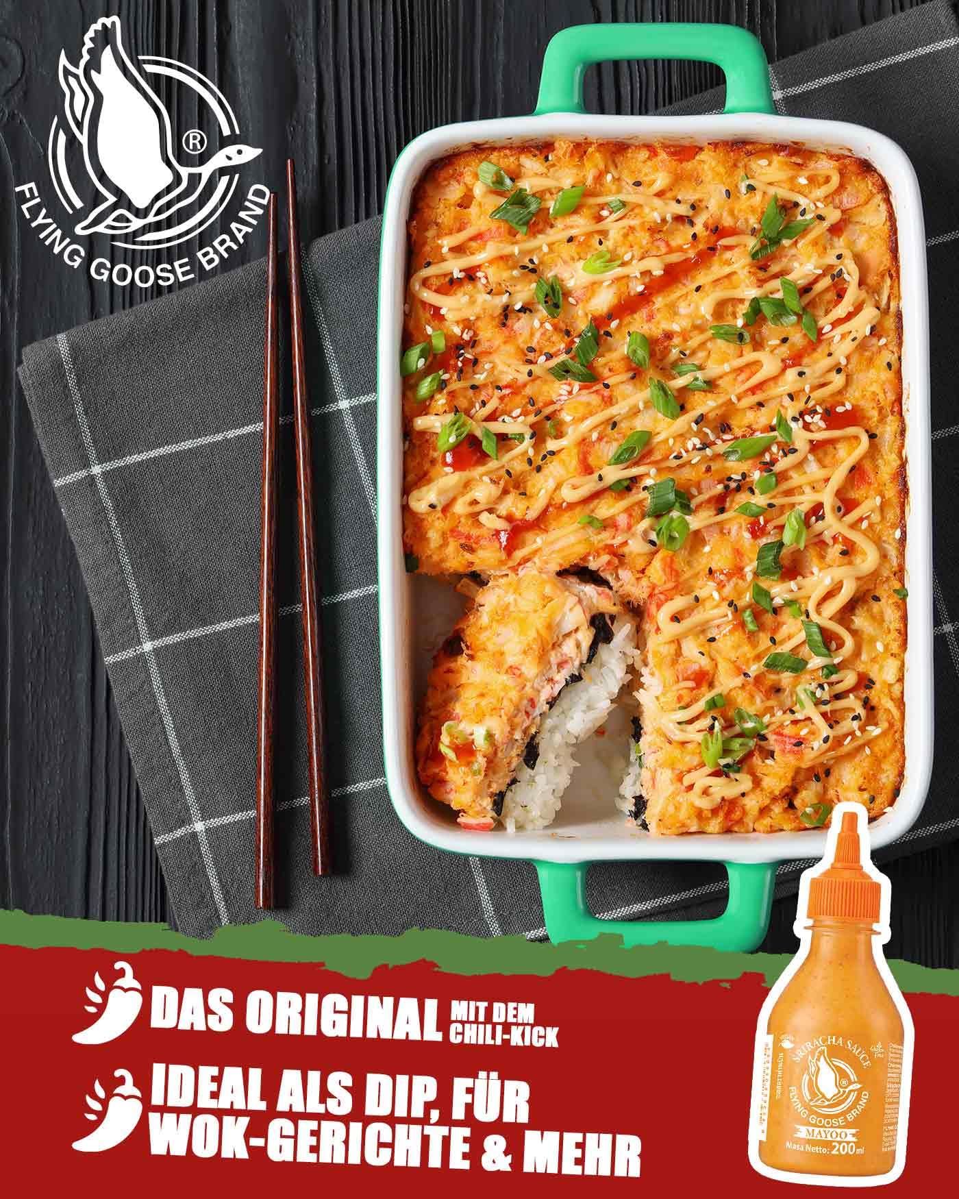 FLYING GOOSE Sriracha Mayoo Sauce, pikante Mayonnaise, leicht scharf, orange Kappe, Würzsauce aus Thailand, vegetarisch, 1 x 200 ml 5