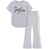 FJLSJSW Girls 2PCS Outfits Short Sleeve Smile Tops & Flared Pants Summer Trendy Kids Clothes Teen Girls Clothing Set 8-13Y