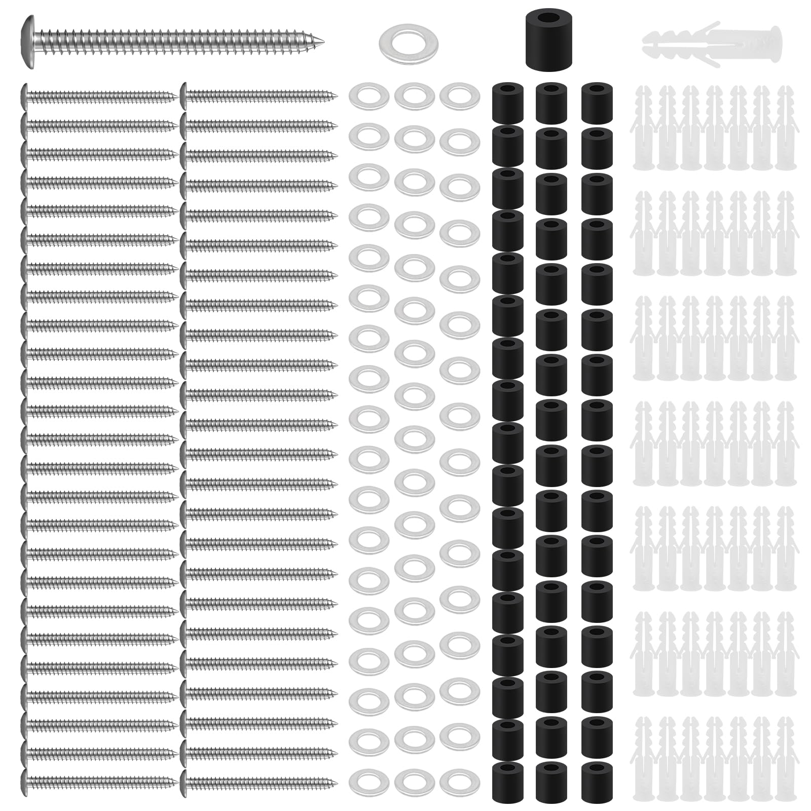 Yauhar 200Pcs/50 Sets Pegboard Mounting Kit Contains Screws, Anchors, Spacers and Washers, Wall Peg Boards Installation Pegboard Spacer Kit for 1/4 Inch Pegboard