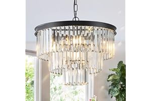 CATINER Black Crystal Chandeliers, 20” Modern Chandeliers for Dining Room 3 Tiers 7 Lights Luxury K9 Crystal Ceiling Pendant Round Light Fixture for Foyer Kitchen Bedroom Closet