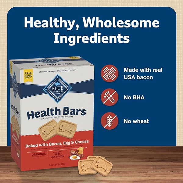 BLUE BUFFALO HEALTH BARS OVEN-BAKED WITH NATURAL INGREDIENTS, BACON, EGG & CHEESE CRUNCHY DOG BISCUITS, 3 LBS.