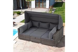 HOMREST 6 Pieces Patio Furniture Sets, Outdoor Rattan Daybed with Retractable Canopy, Outdoor Sectional Sofa Set with Adjustable Backrest, Chaise Chair Sunbed for Garden Poolside Backyard（Grey