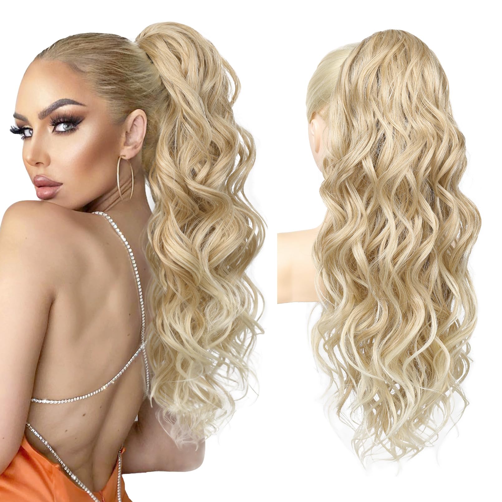 Photo 1 of REECHO Ponytail Extension, 24" Claw Clip Ponytail Extension Wavy Ponytails Hair Extensions Jaw Clip on Pony Tails Natural Synthetic Hairpiece for Women Daily, Dark Blonde with Light Blonde Ends