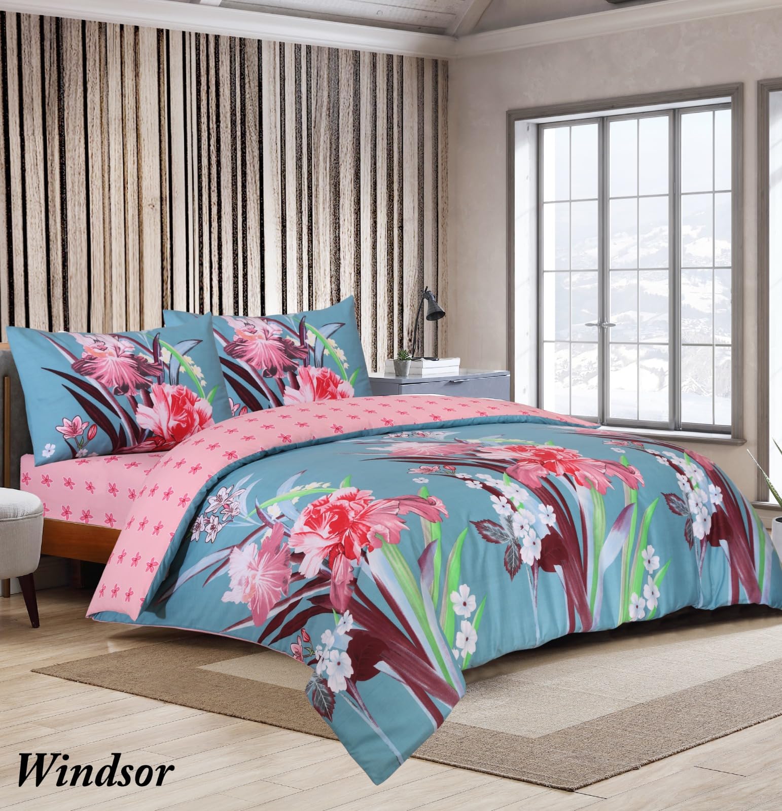 ZIMEL HOMES Fleur Duvet Cover Set with Pillow Cases and Matching Fitted Sheet Duvet Set Cotton Blend (Windsor, Double)