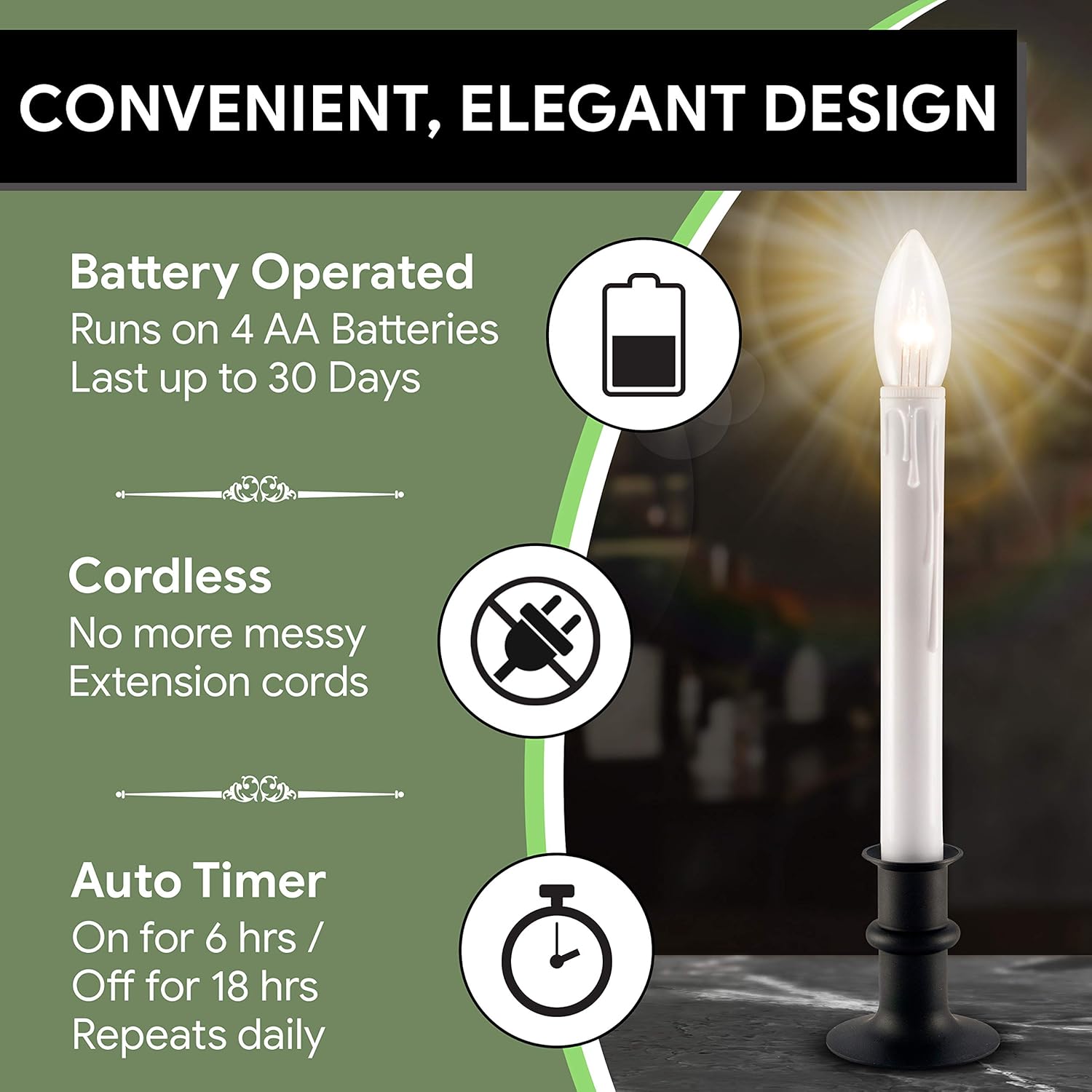 612 Vermont Ultra-Bright LED Window Candles with Timer, Battery Operated, Metal Base, White Candlestick, Adjustable Height (Pack of 4, Brushed Nickel): Home & Kitchen