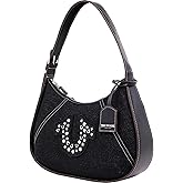 True Religion Hobo Bag, Strudded Logo Denim Shoulder Purse, Silver Hardware with Adjustable Handle Drop, Zip Closure, Denim Black
