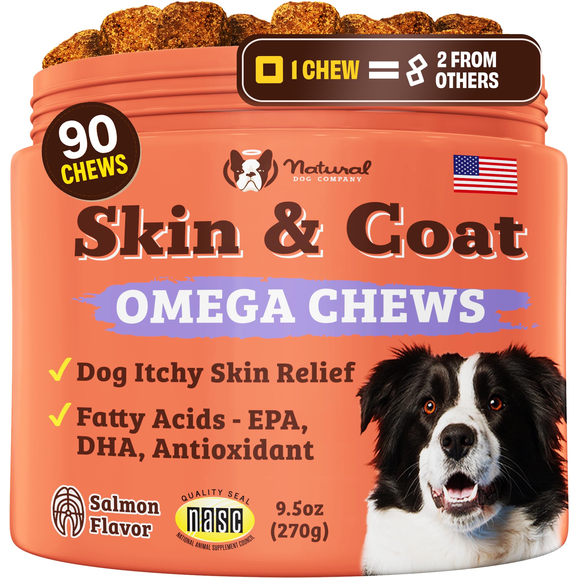 Natural Dog Company - Skin & Coat Omega Supplement | Supports Healthy Shiny Coats, Relieves Dry, Itchy Skin | Salmon & Pea Flavor - 90 Chews