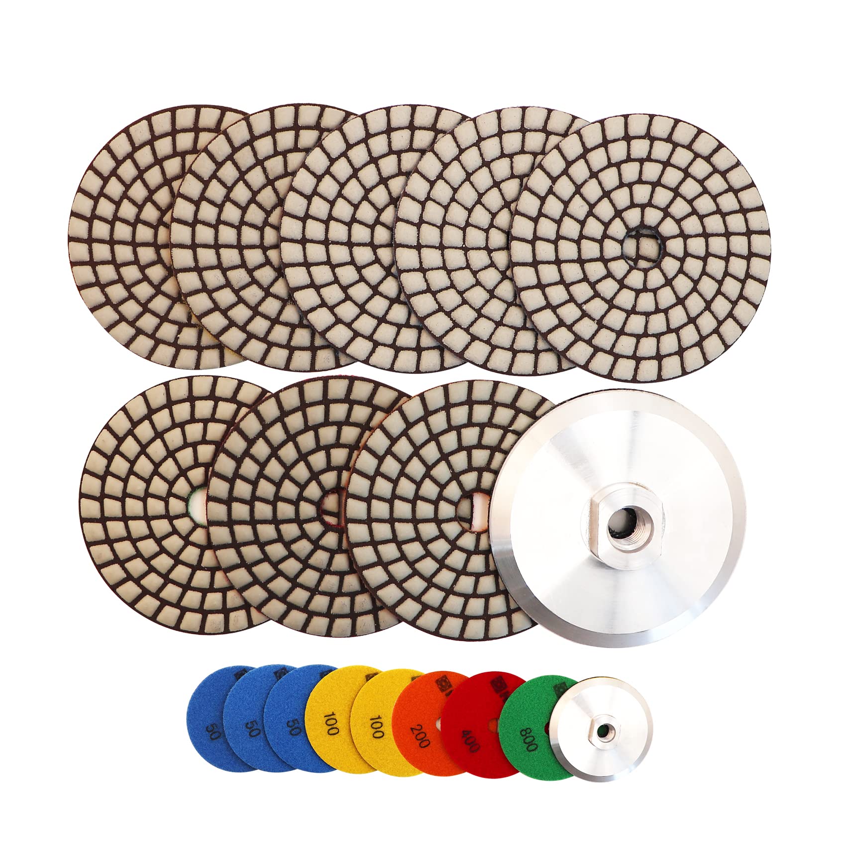 HIGHDRIL Dry Diamond Polishing Pad - 8PCS (#50x3/#100x2/#200/#400/#800) 100MM with Aluminum Based Backing Pads for Granite Stone Marble Floor Polish Pad Kit for Drill, Grinder, Polisher