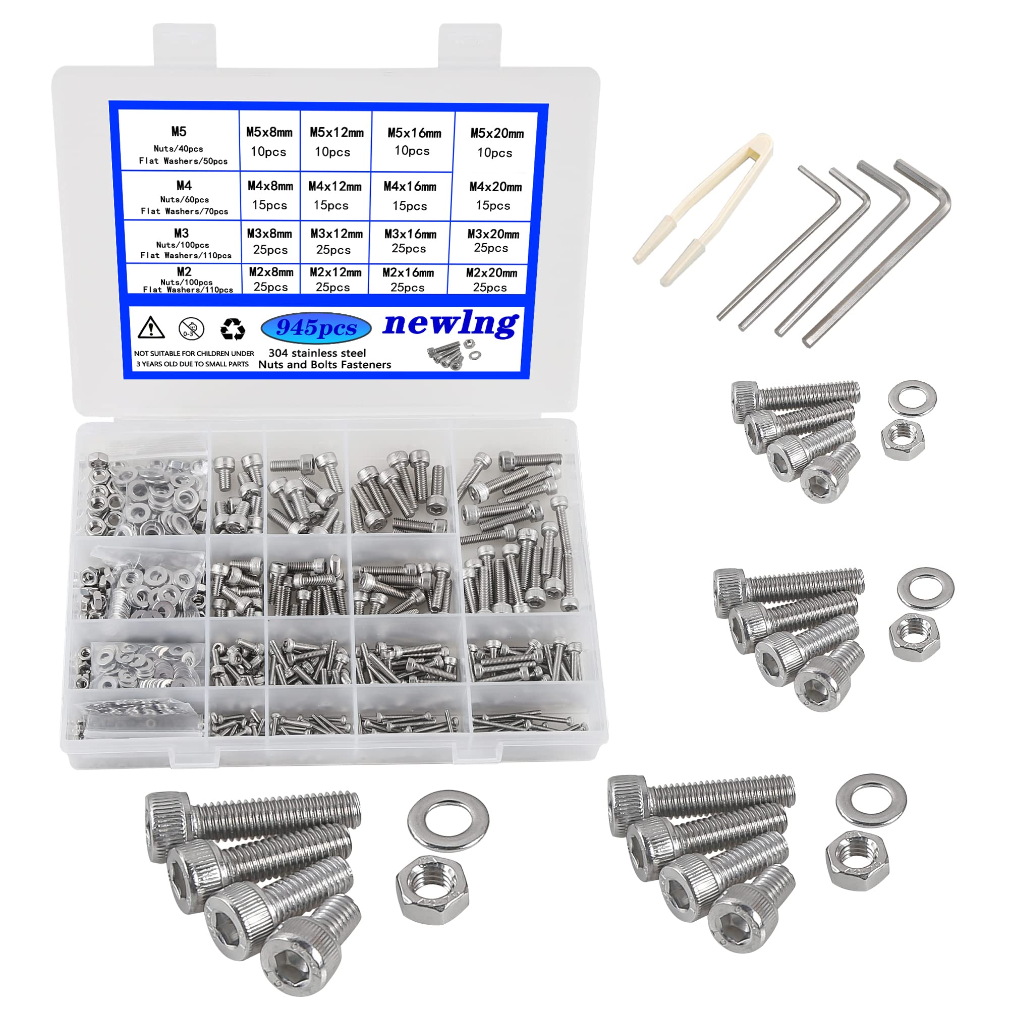 newlng 945pcs Screws Set M2 M3 M4 M5 Screws With Nuts and Washers Set Stainless Steel 304 Hexagon Cylinder for DIY Fixing With Storage Box — image 1