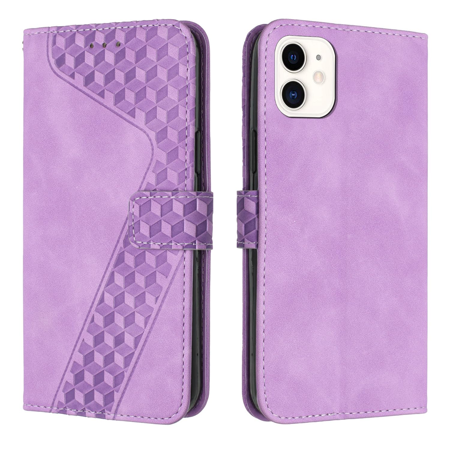 TOHULLE for iPhone 12 Mini Case, Premium Leather Wallet Case Card Holder Kickstand Magnetic Closure Plaid Pattern Embossed Design Flip Folio Wallet Cover for iPhone 12 Mini - Purple