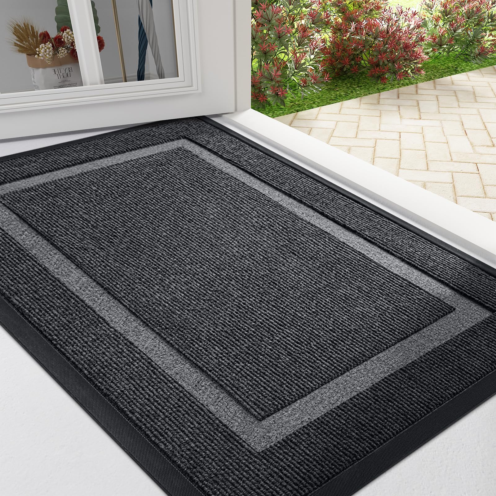 Photo 1 of OLANLY Front Door Mat Indoor Outdoor Entrance, Waterproof All-Season, All-Weather Doormat, Sturdy Natural Rubber, Fade Resistant, Low Profile, Easy Clean Patio Porch Entryway Mat, 29.5x17, Grey