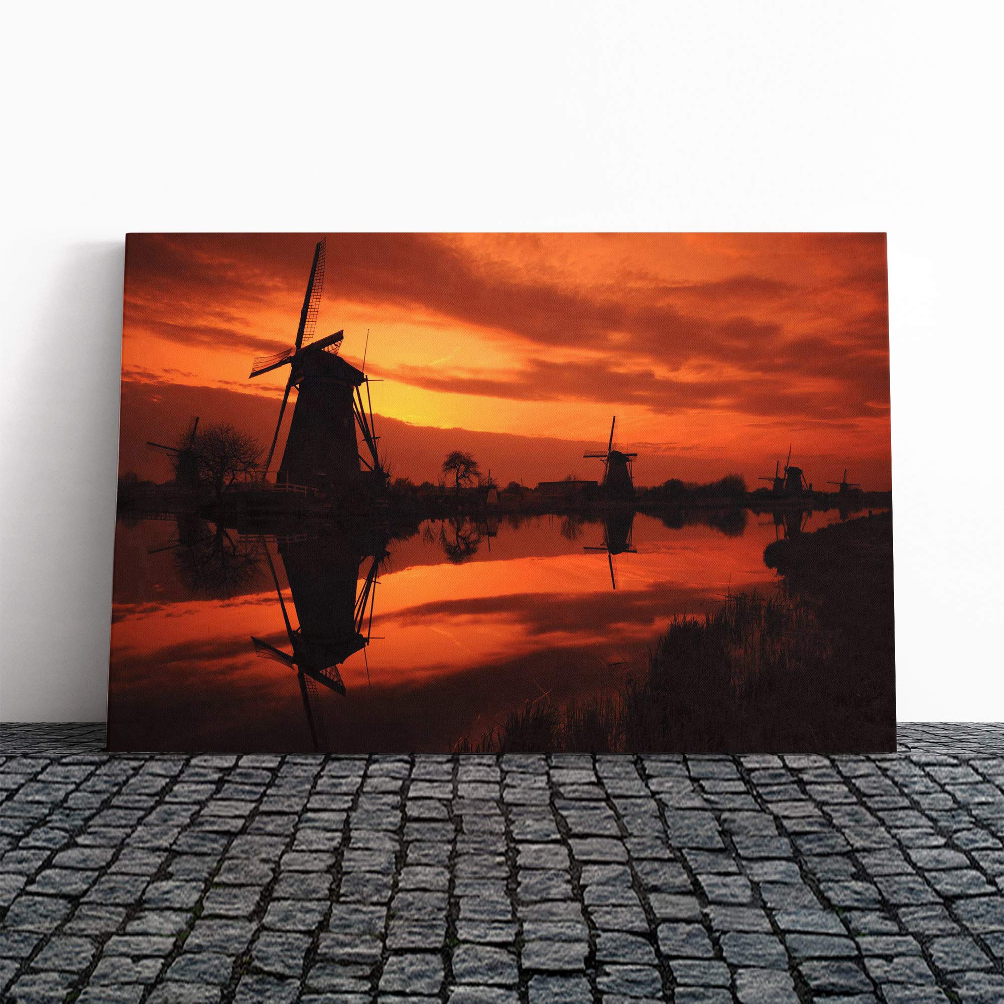Landscape Windmills Sunset Canvas Print | Gallery Wrapped 30mm Frame Wall Art | 20x14 inches | Ready to Hang | Modern Landscape Picture | Living Room Bedroom Lounge Office