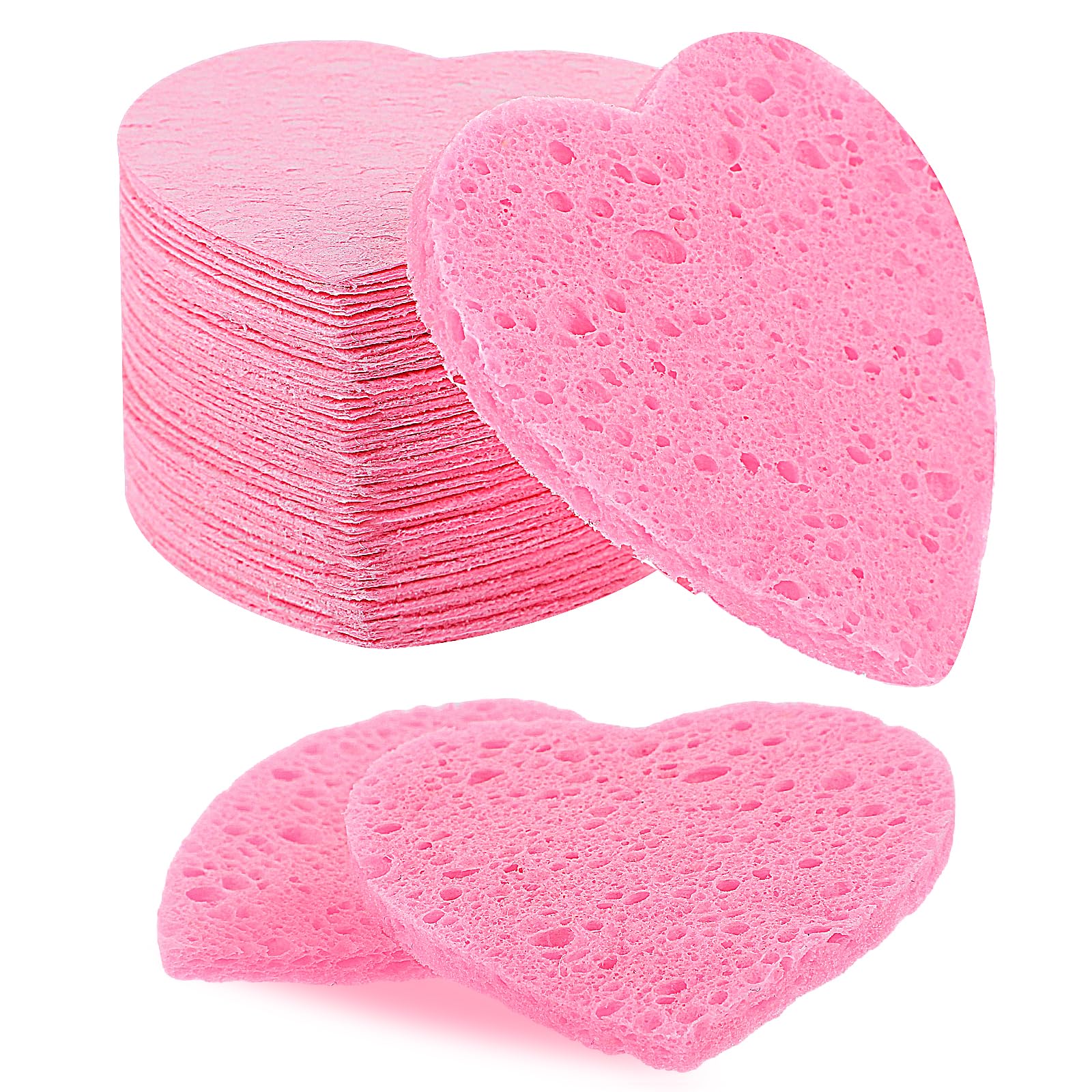 55 Pcs Compressed Facial Sponges Pink Face Sponges Cleansing Heart Cellulose Facial Sponges Exfoliating Face Sponge Natural Face Washing Sponge for Facial Cleansing, Exfoliating Mask, Makeup Removal