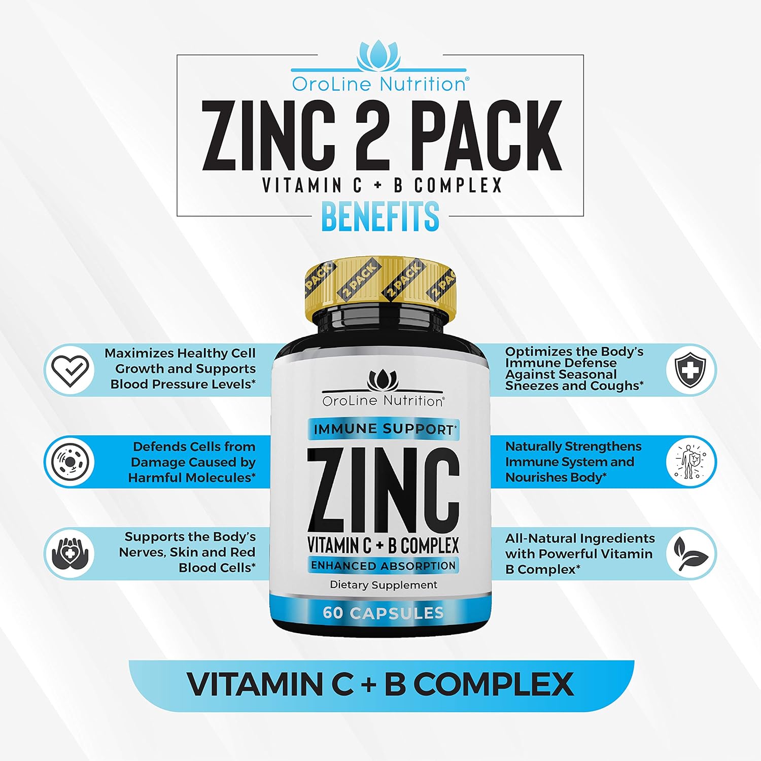 Oroline 50 MG ZINC Supplements for Immune Support - [2 Pack] Vitamin C and Zinc 50mg Supplement - Zinc Supplement for Adults - Best Zinc Capsules for Immunity Support - Immune Booster & Zinc Vitamin: Health & Personal Care
