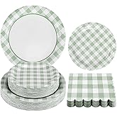 150Pcs Sage Green Gingham Party Supplies Green Gingham Paper Plates and Napkins Greeny Plaid Plates Disposable Green and White Plaid Party Decor for Birthday Family Picnic BBQ Party,Serves 50 Guests