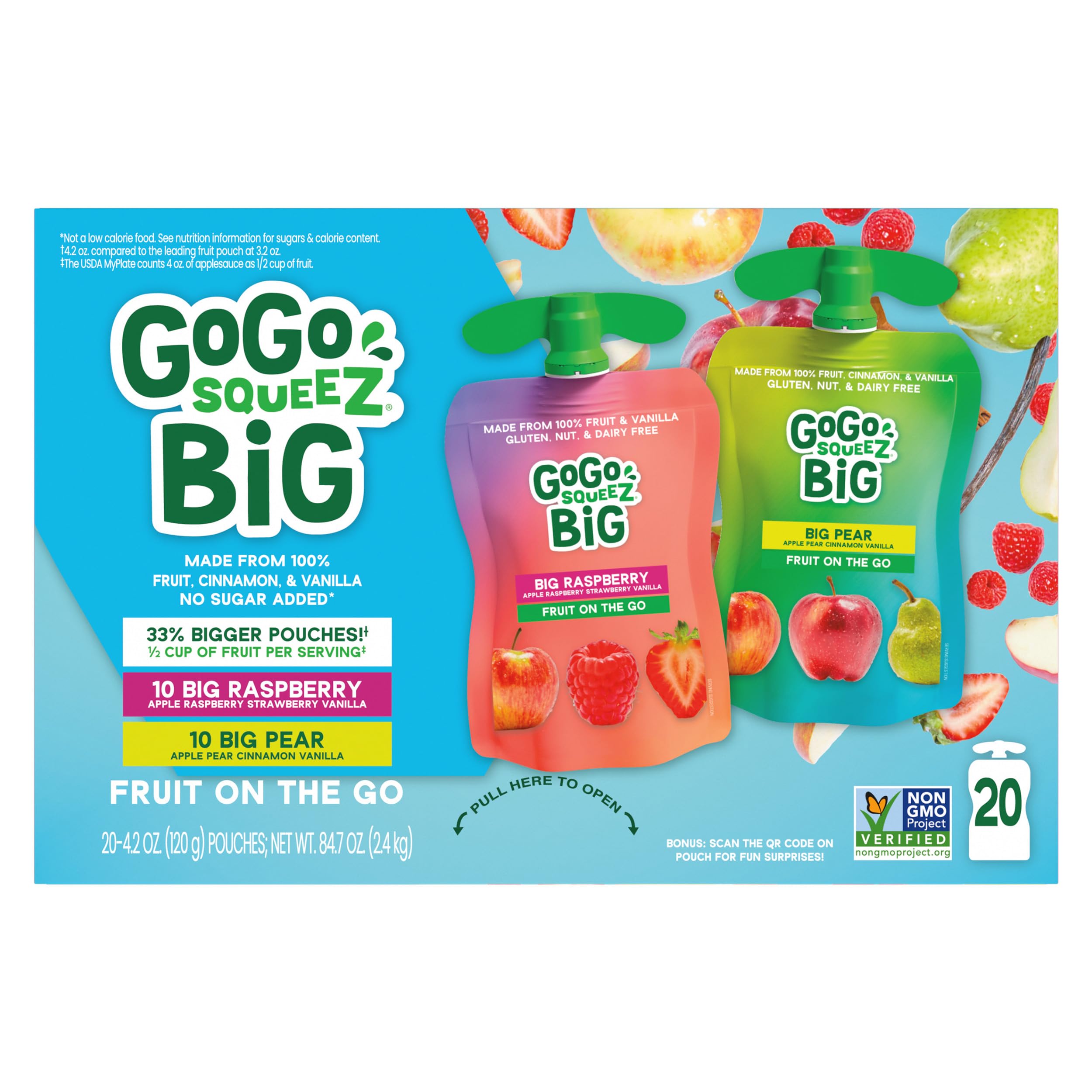 GoGo SqueeZ BIG Applesauce & Fruit Puree with Vanilla and Cinnamon Variety Pack, Pear & Raspberry, 4.2 oz. (Pack of 20), Unsweetened Fruit Snacks for Kids, Gluten Free, Nut Free, Dairy Free Pouches