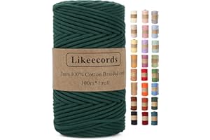 Likeecords Braided Macrame Cotton Cord 3mm x 109yards,Macrame Rope, 100% Natural Cotton Rope Macrame String,Colorful Cotton Craft Cord for Bag,Wall Hanging, Plant Hangers, Knitting (Dark Green)