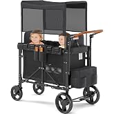 VELUVIA Wagon Stroller for 2 Kids with Canopy &amp; Removable Seat Pads | Double Toddlers Stroller with 2 Seater, Push Pull Wagon One-Hand Fold, Shock-Absorbent Wheels &amp; Safety Harness-Black