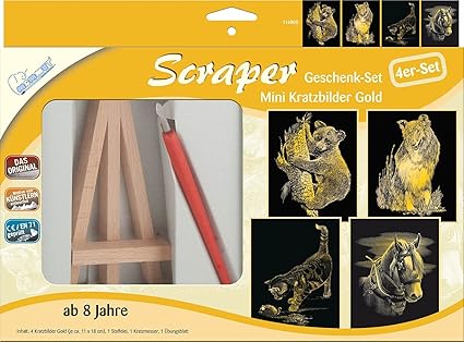 Mammut 114005 - Kratzbild Mini-Geschenkset, Bär, Collie, Katze, Pferd, je ca. 11 x 18 cm, gold