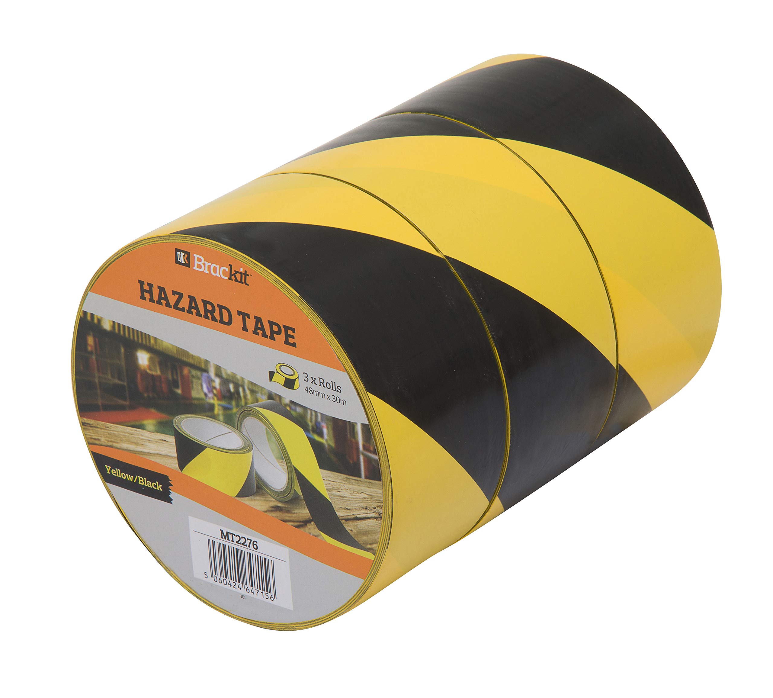 brackit Self Adhesive Hazard Warning Tape 48mm x 30m, Pack of 3 Rolls - Yellow and Black Safety Barrier and Line Marking